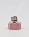 Asymetric synthetic ruby and silver ring