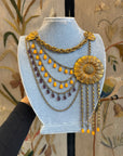 Asymmetrical sunflower long necklace, glass and gold-tone metal