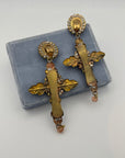 Baroque Cross and Rose Clip-On Earrings in Golden Metal