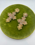 Baroque Openwork Cross Drop Earrings, Gilt Metal and Green Rhinestones