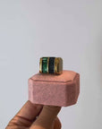 Asymetric gold-plated blue and green tank ring