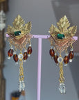 Dangly green and red leaf golden clips made in Italy