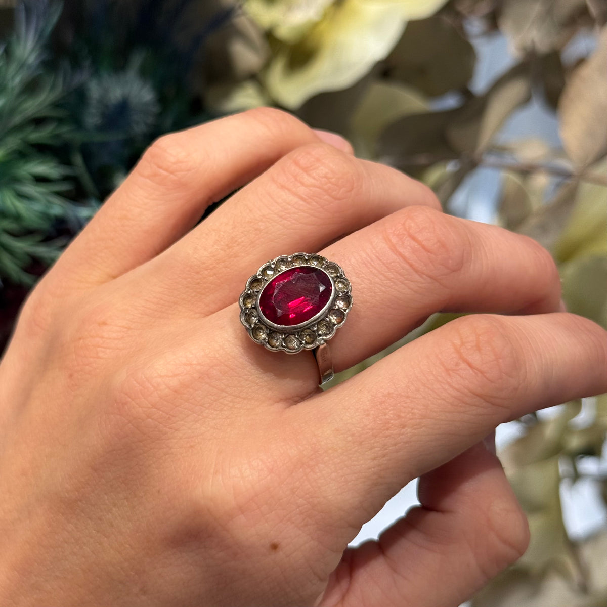 1930s Silver Daisy Ring, Marcasite and Synthetic Ruby