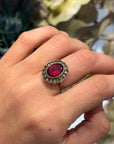 1930s Silver Daisy Ring, Marcasite and Synthetic Ruby
