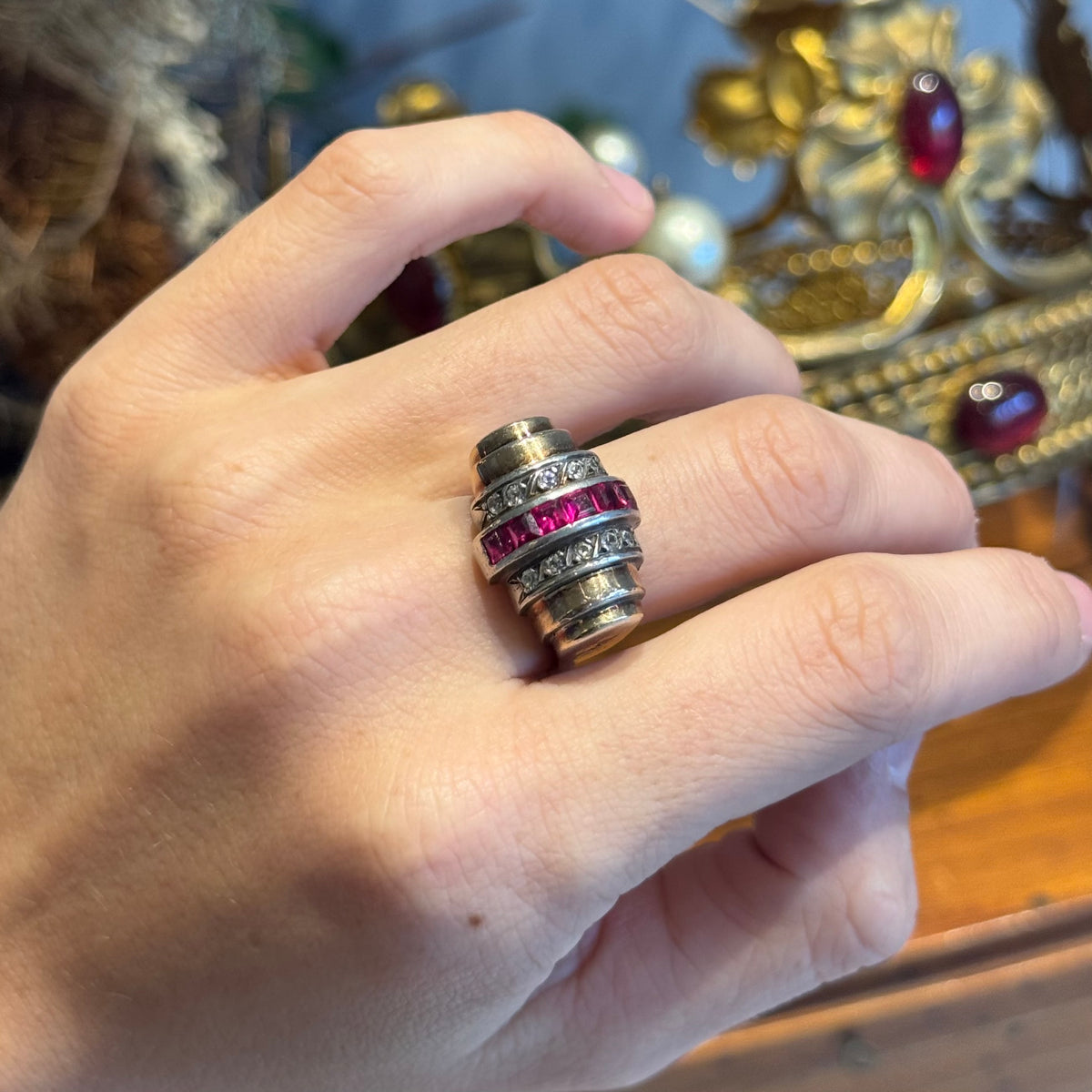 1940s Tank Ring in Vermeil and synthetic rubies