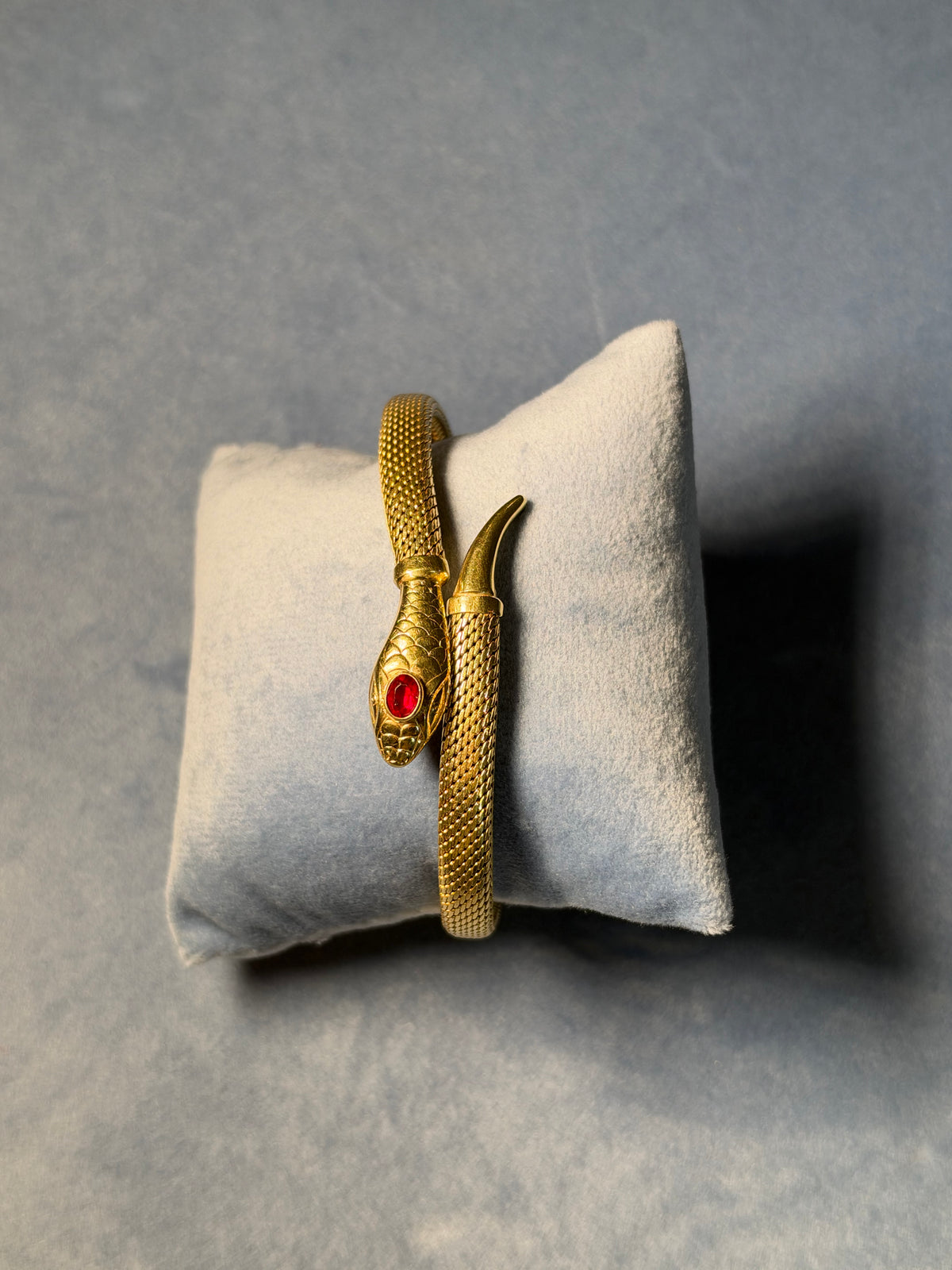 1950s French Gold-Plated Snake Bracelet with Red Glass