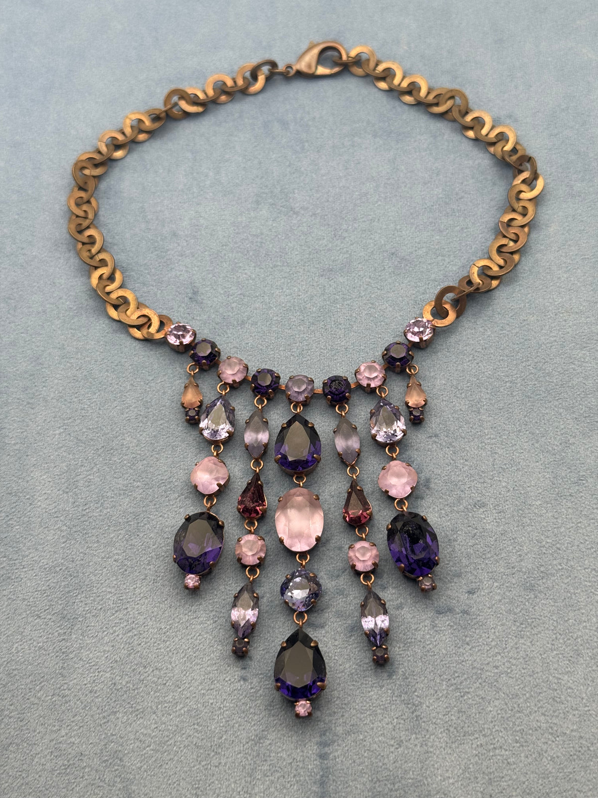 1960s Bronze-Tone Purple Rhinestone Statement Necklace