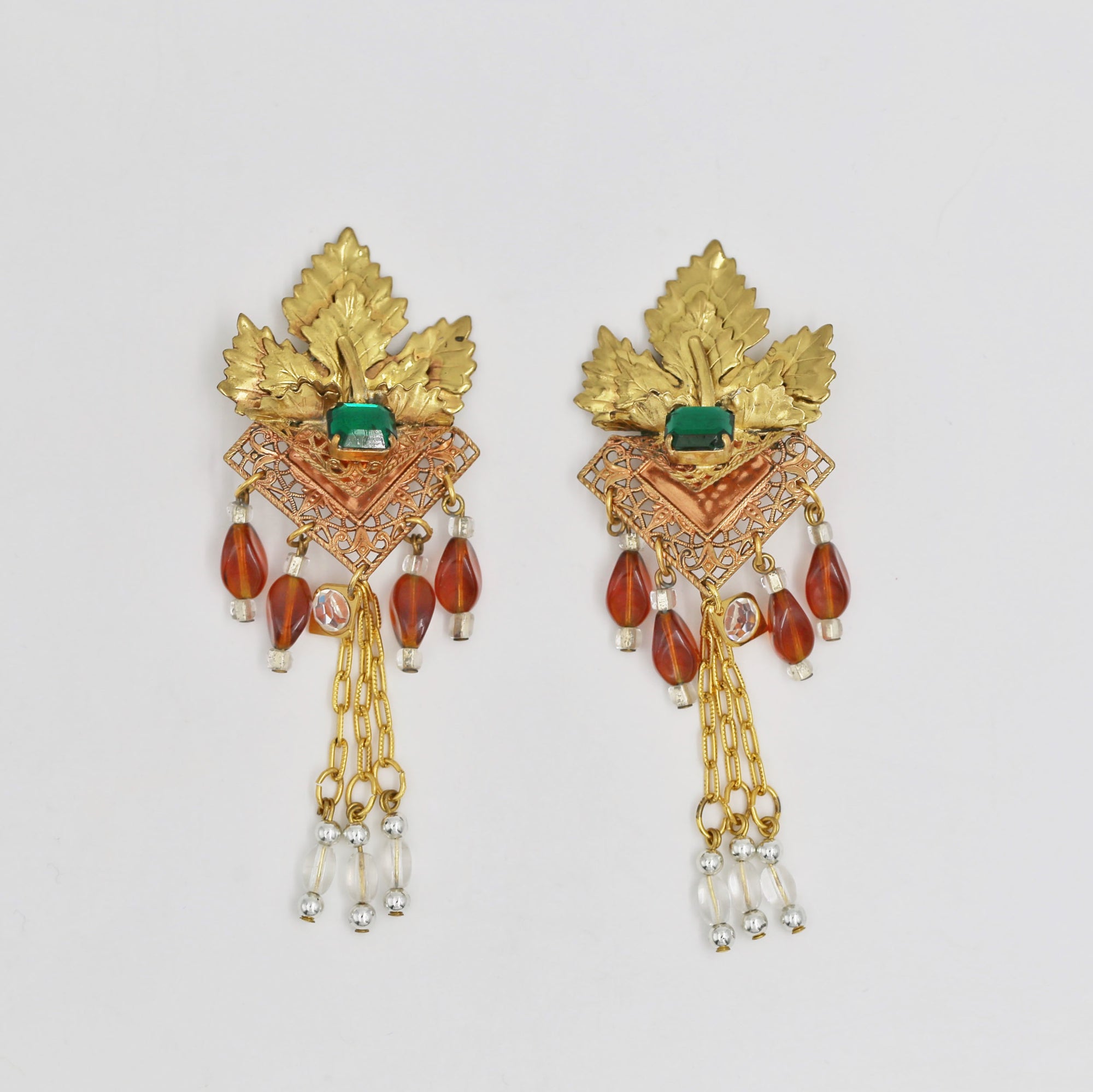Dangly green and red leaf golden clips made in Italy