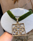 "P&M" square pendant with ribbon necklace