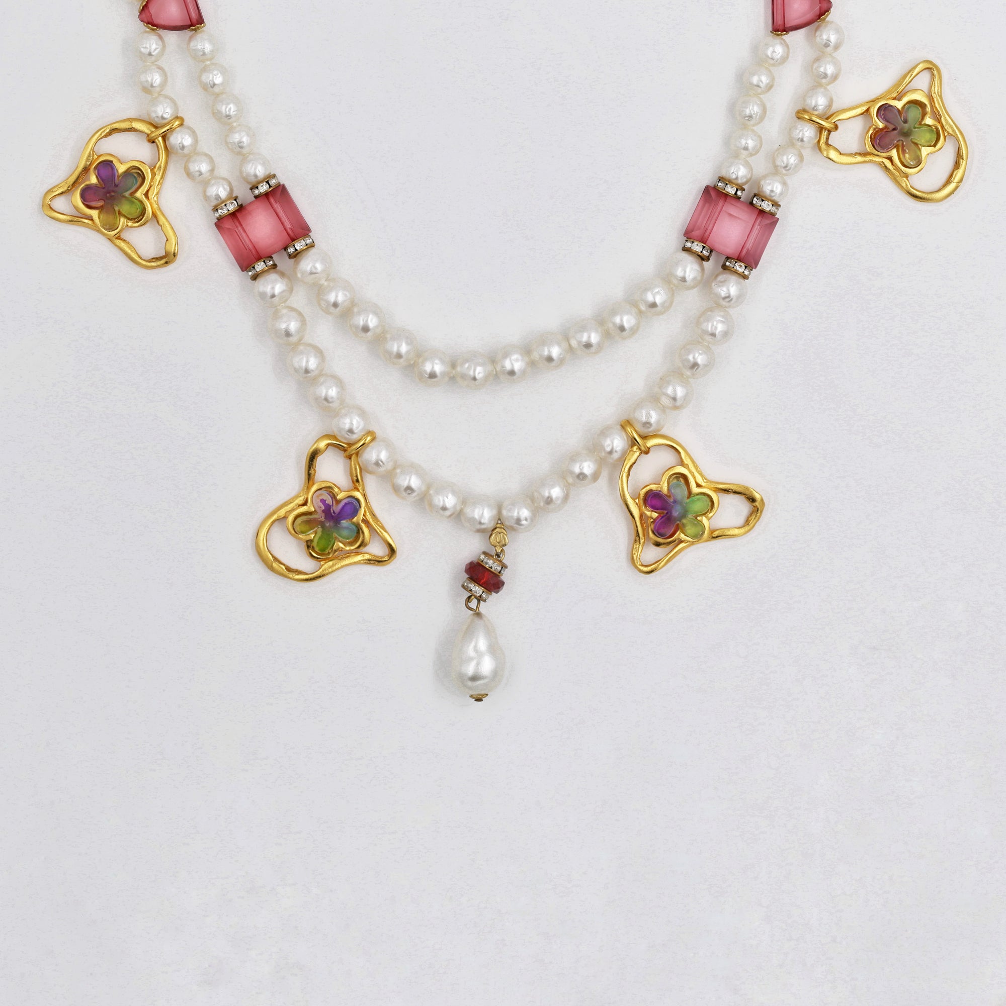 Pearl and pink resin upcycled necklace