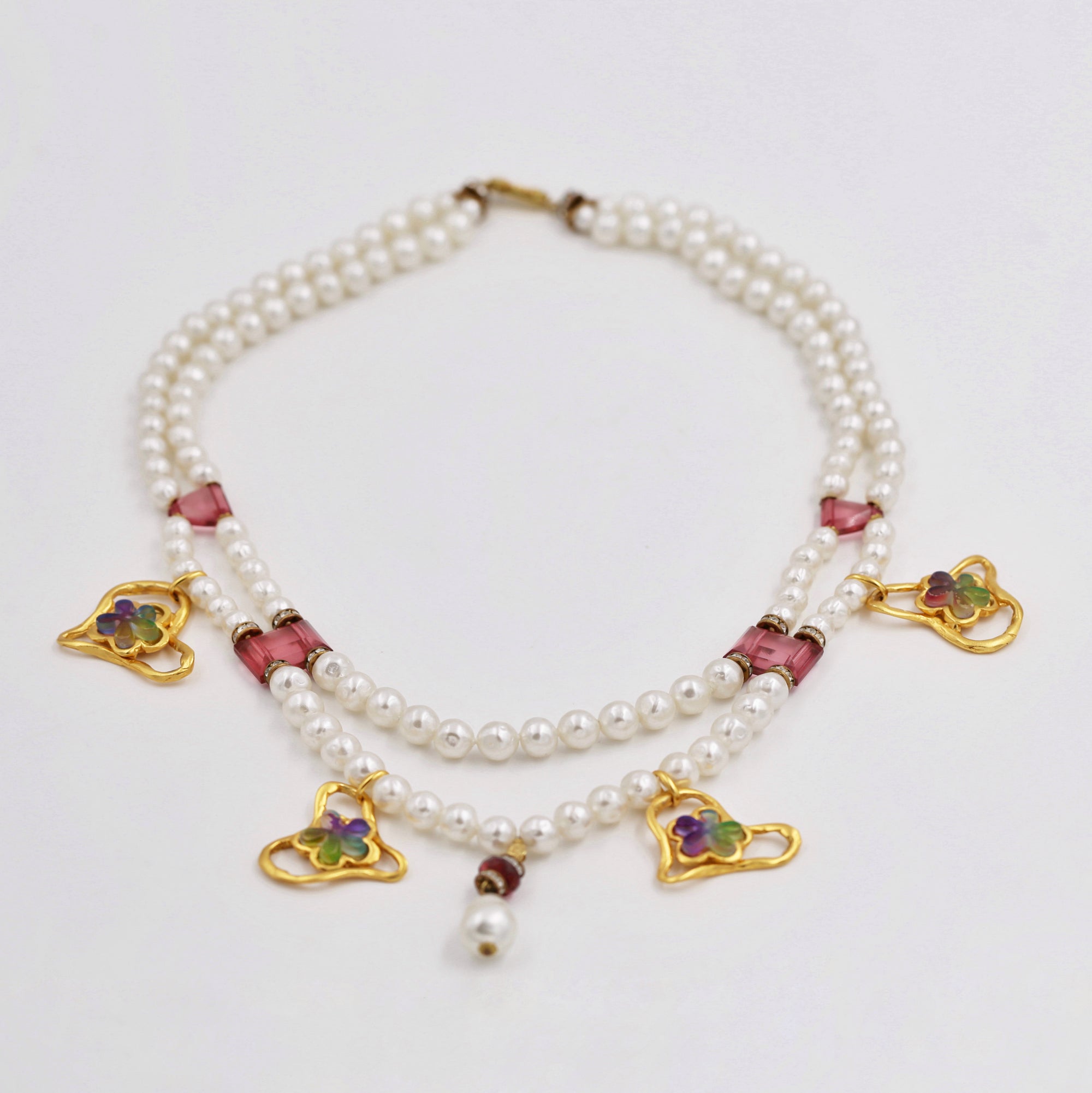 Pearl and pink resin upcycled necklace