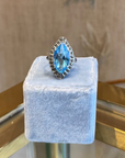 Blue glass, marcassite and silver marquise ring