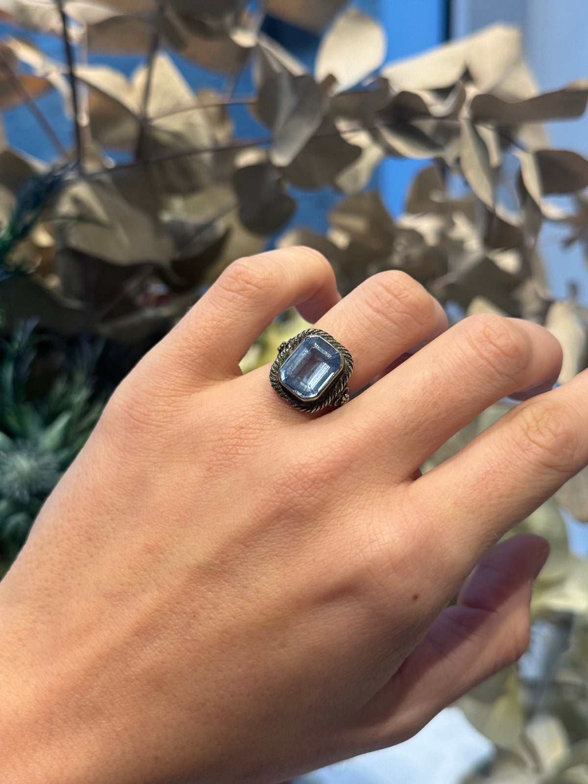 Antique silver and blue topaz solitaire ring