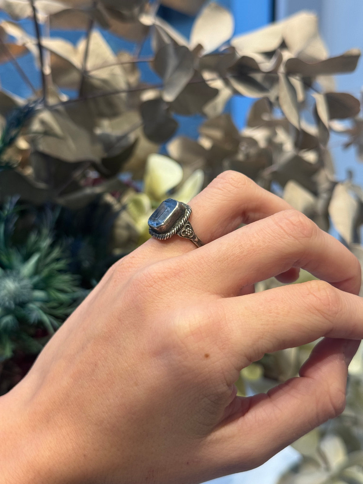 Antique silver and blue topaz solitaire ring