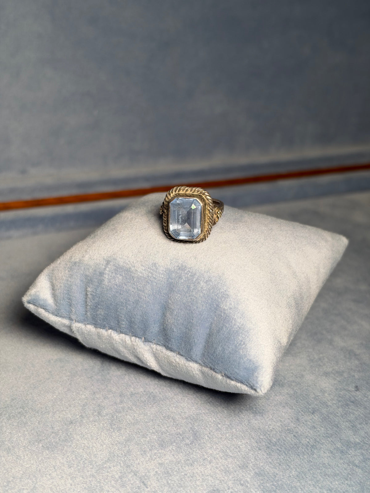 Antique silver and blue topaz solitaire ring