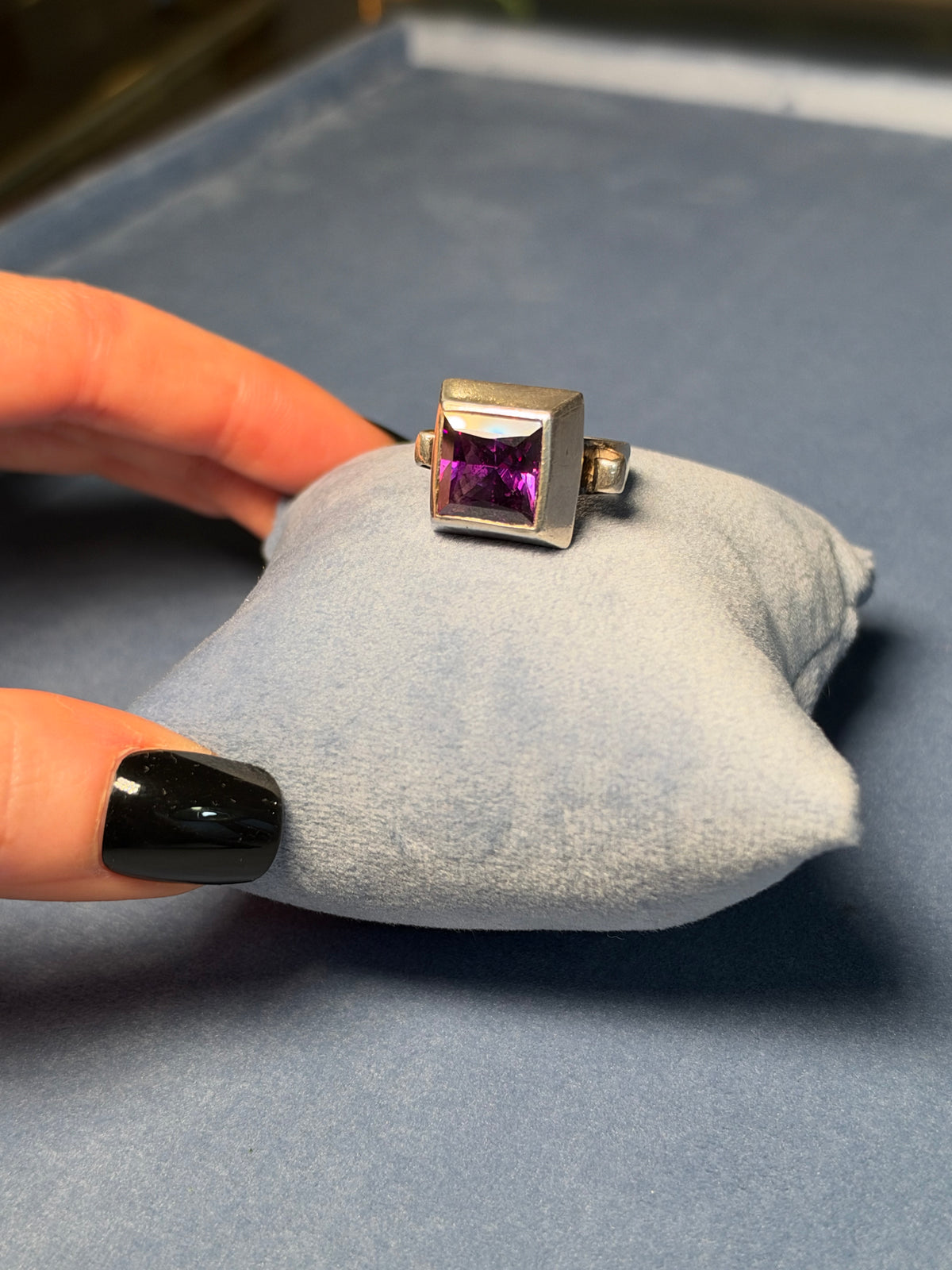 Architectural Silver Ring with Square Amethyst