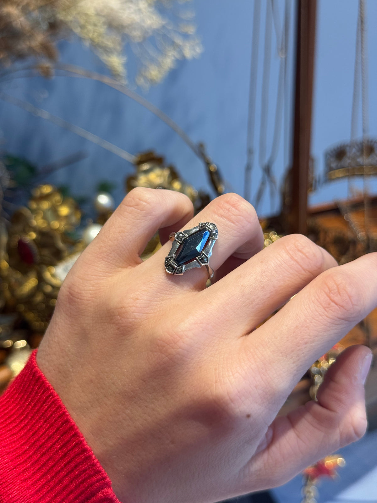 Art Deco Marquise Ring in Silver, Hematite and Marcasite