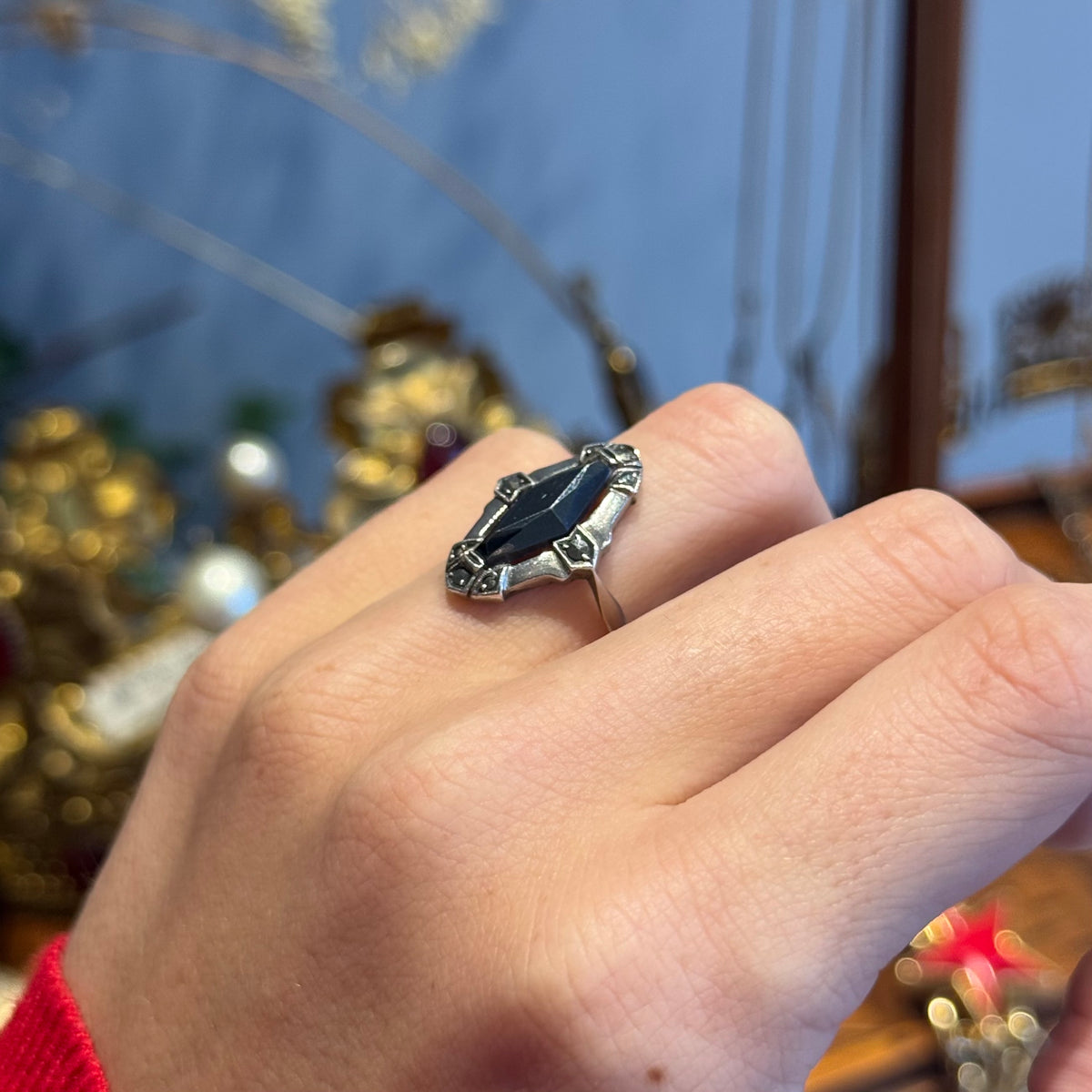 Art Deco Marquise Ring in Silver, Hematite and Marcasite
