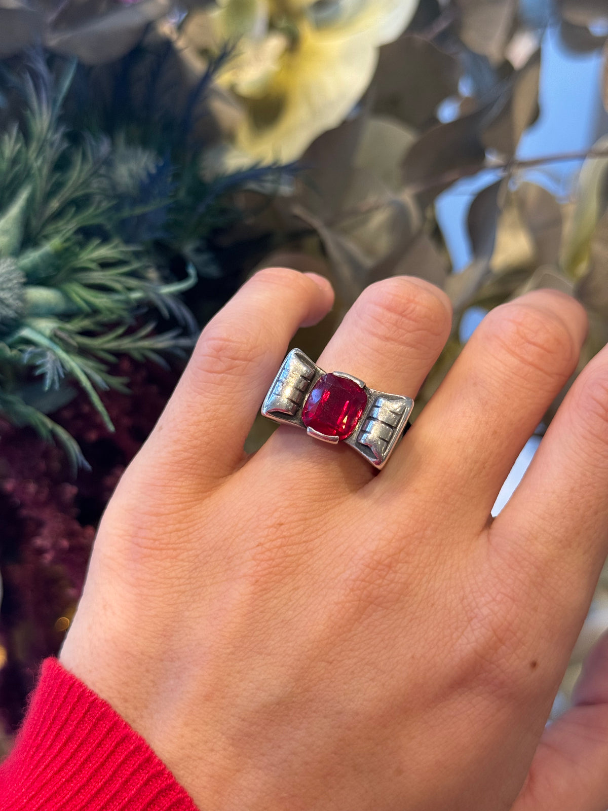 Art Deco Tank Ring in Silver and Synthetic Ruby