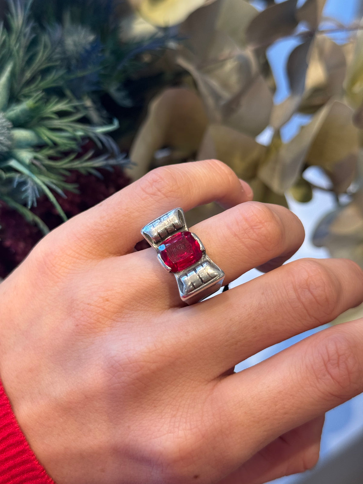 Art Deco Tank Ring in Silver and Synthetic Ruby