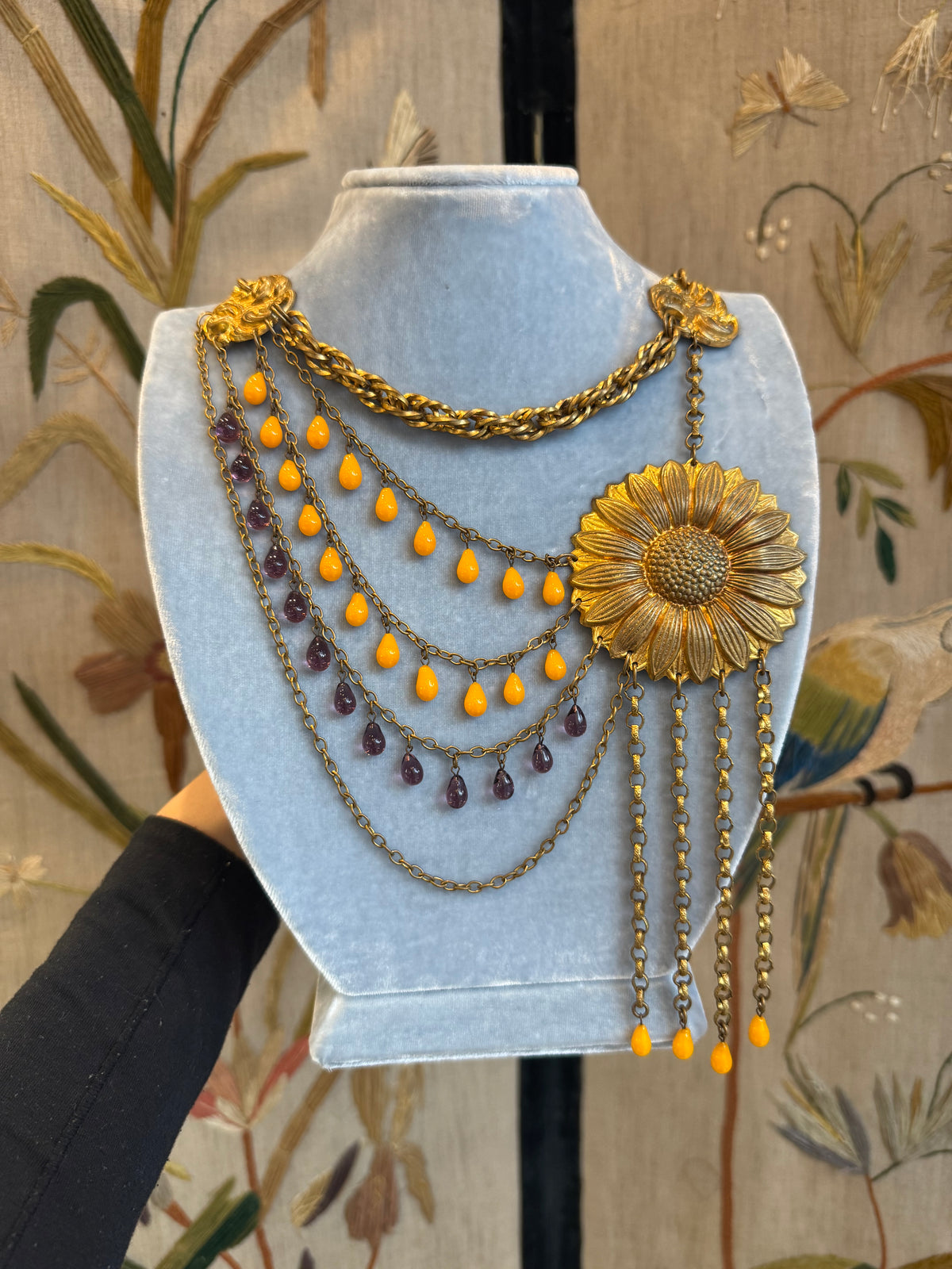 Asymmetrical sunflower long necklace, glass and gold-tone metal