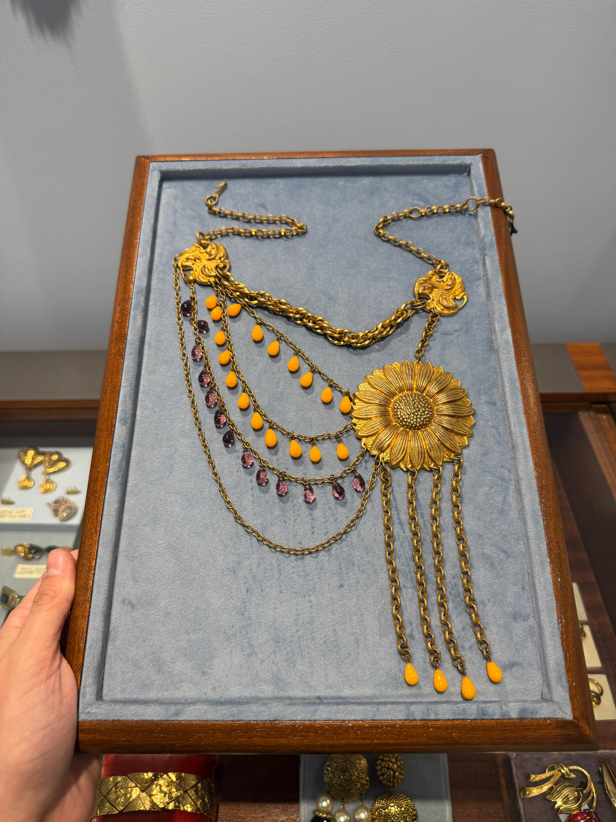 Asymmetrical sunflower long necklace, glass and gold-tone metal