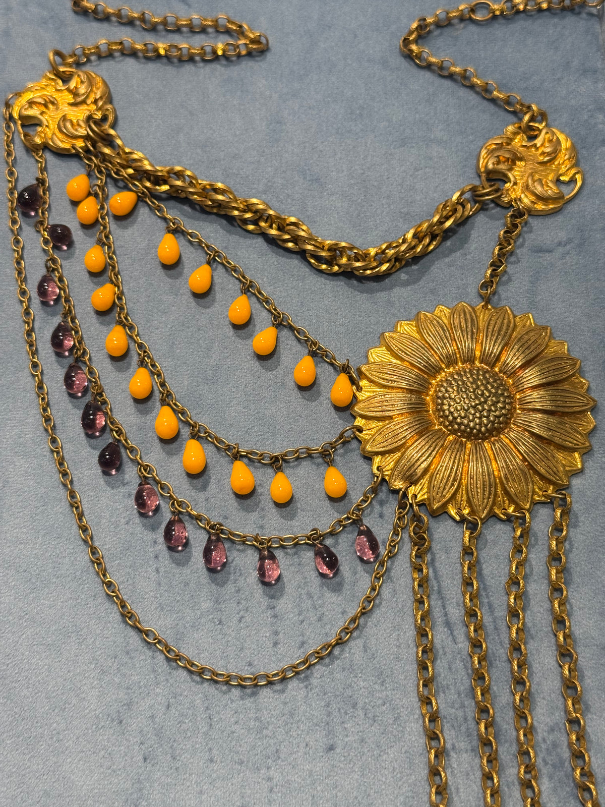 Asymmetrical sunflower long necklace, glass and gold-tone metal