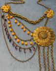 Asymmetrical sunflower long necklace, glass and gold-tone metal