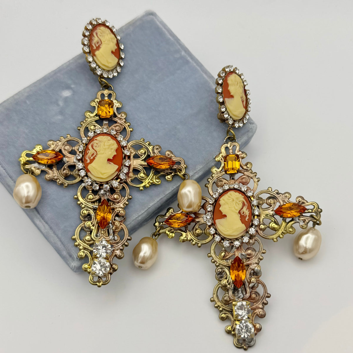 Baroque Cameo Cross Clip-On Earrings, Gold and Orange