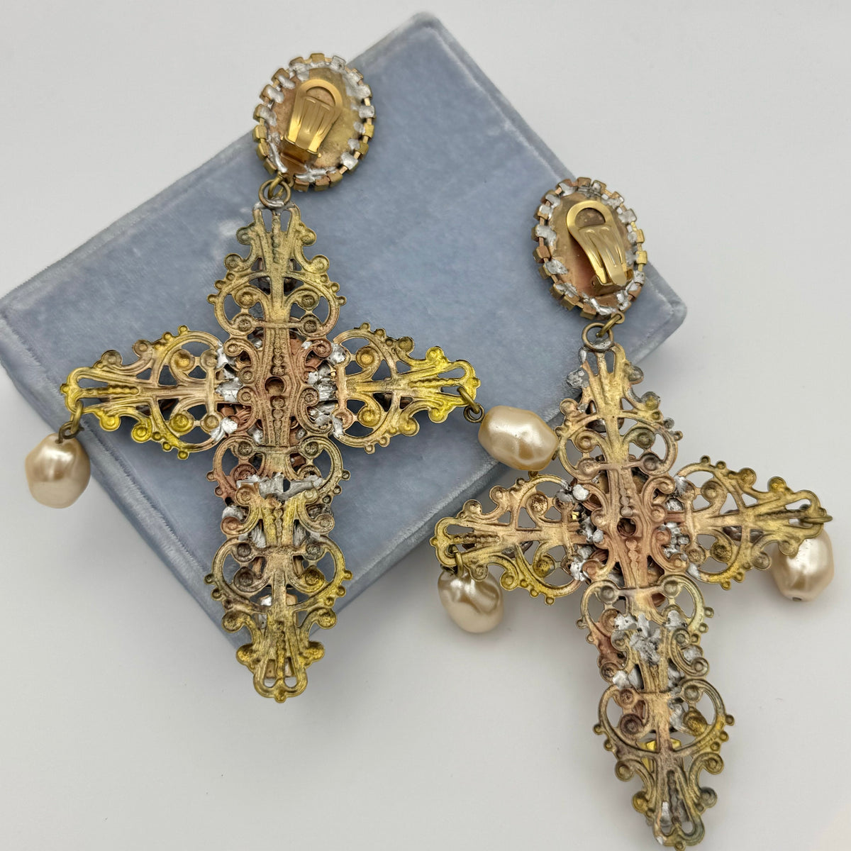 Baroque Cameo Cross Clip-On Earrings, Gold and Orange