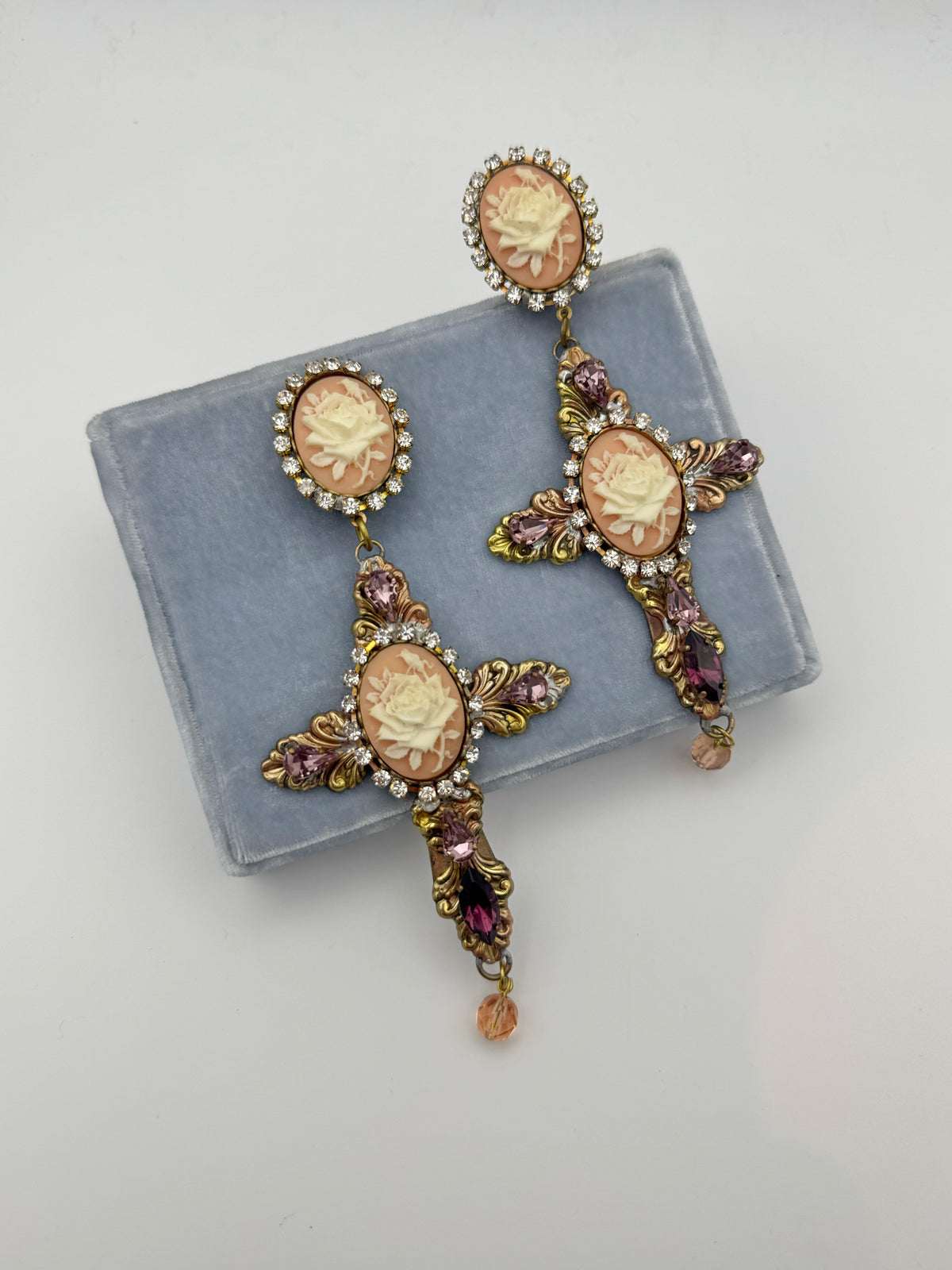 Baroque Cross and Rose Clip-On Earrings in Golden Metal