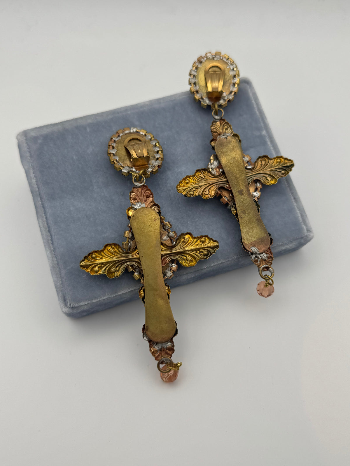 Baroque Cross and Rose Clip-On Earrings in Golden Metal