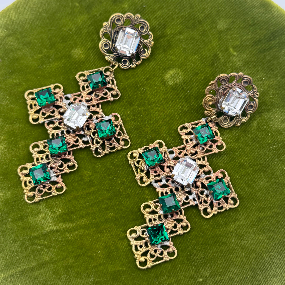 Baroque Openwork Cross Drop Earrings, Gilt Metal and Green Rhinestones