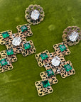 Baroque Openwork Cross Drop Earrings, Gilt Metal and Green Rhinestones
