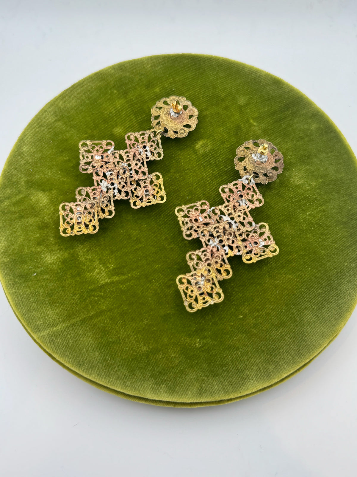 Baroque Openwork Cross Drop Earrings, Gilt Metal and Green Rhinestones