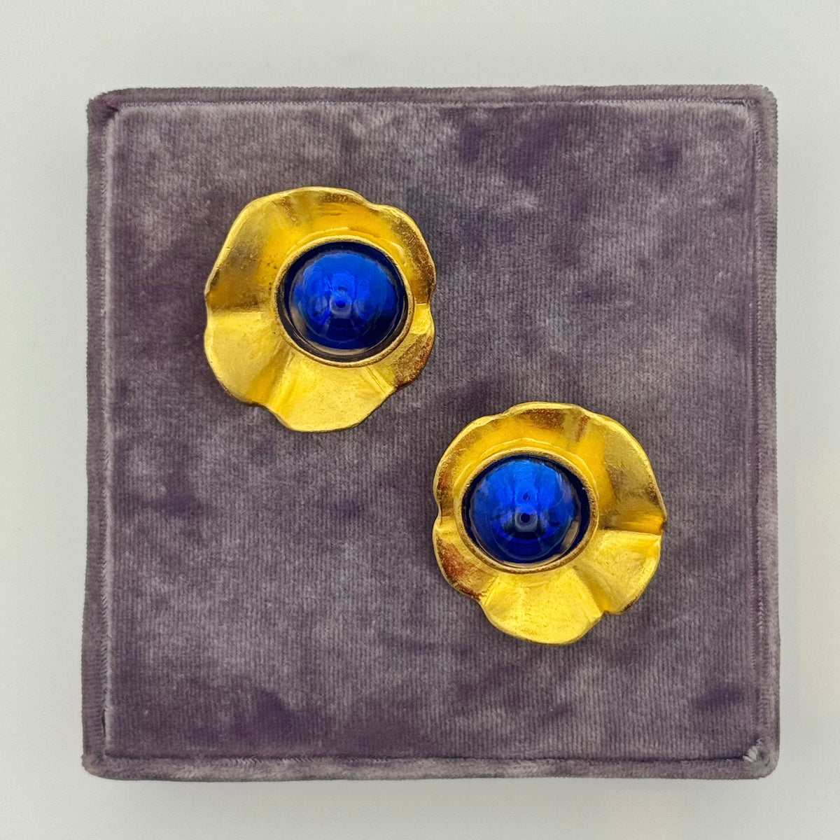 Céline T Saxe Blue Glass Paste Flower Clip-On Earrings, 1980s