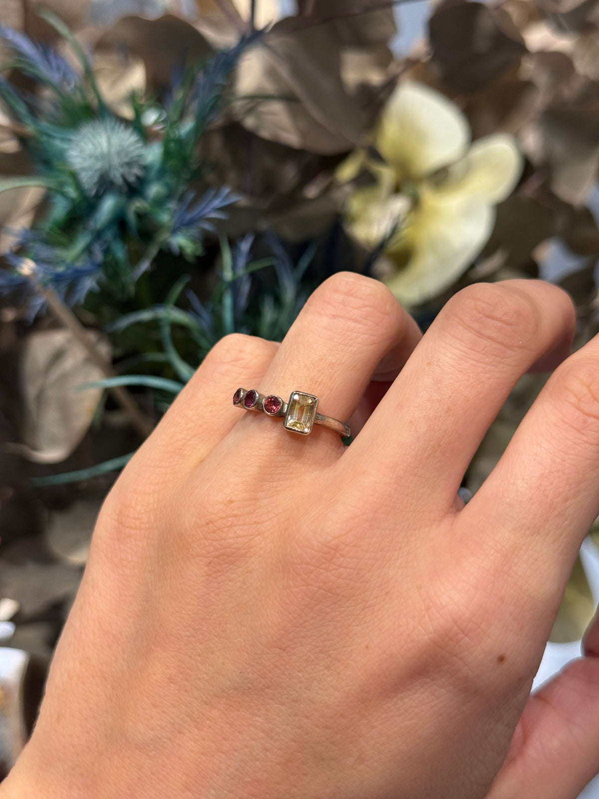 Cute tiny ring with citrine and tourmaline