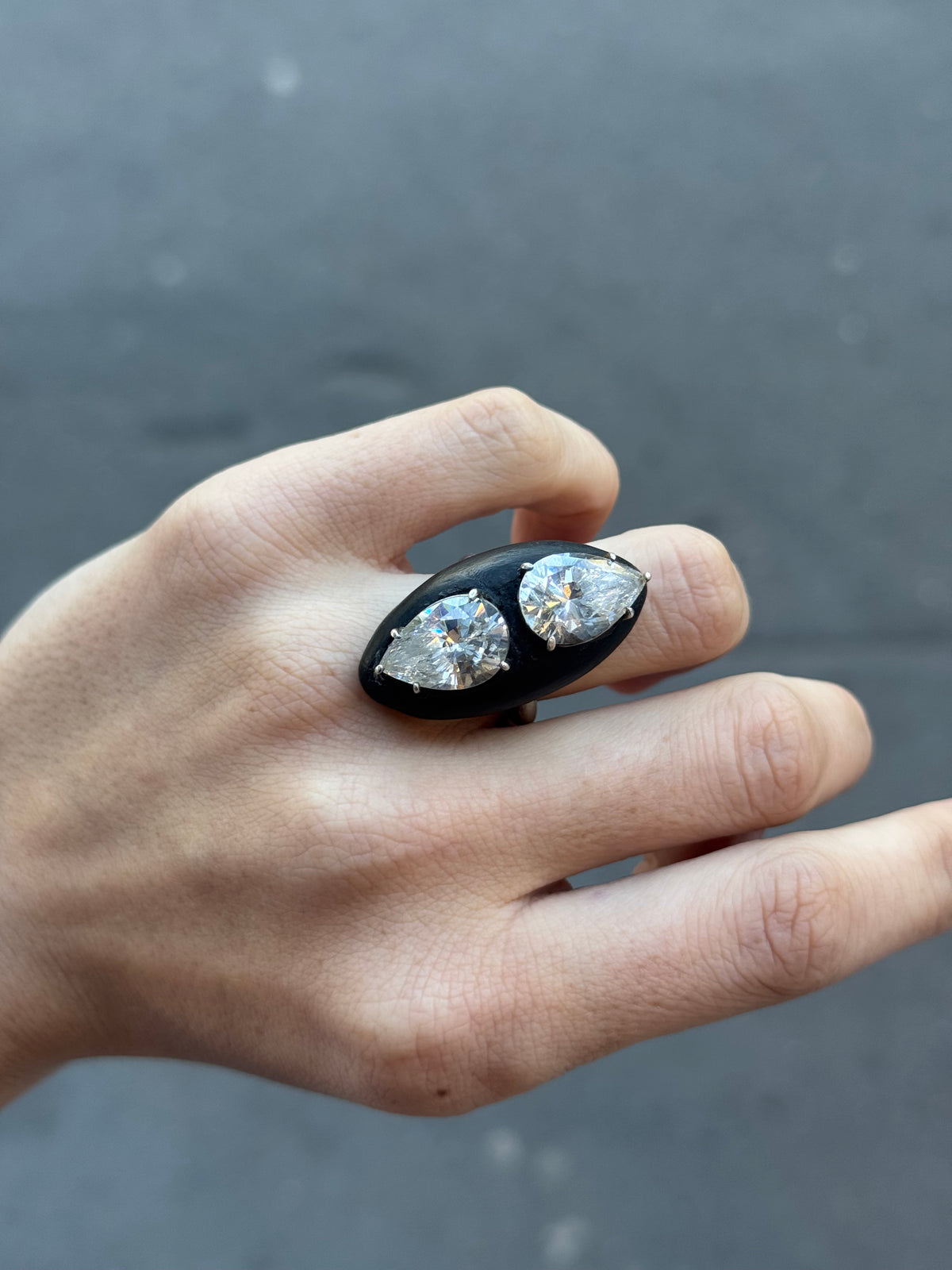 Handmade Wood, Silver and Rhinestone Maximalist Ring