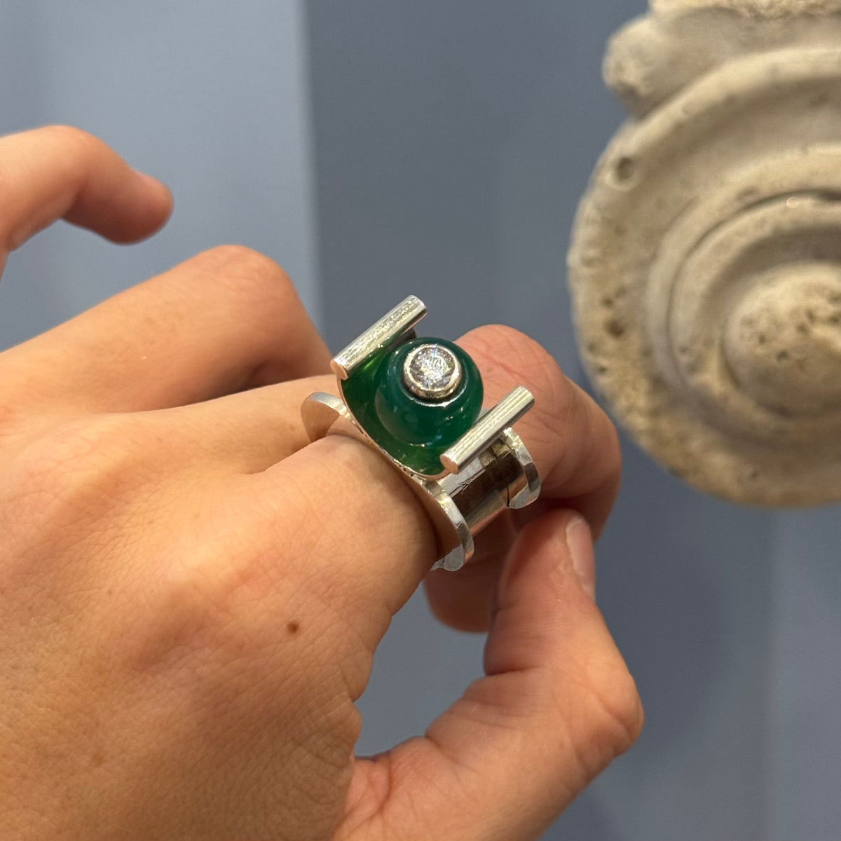 Modernist Silver Ring with Green Agate and Quartz, 1950s