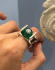Modernist Silver Ring with Green Agate and Quartz, 1950s
