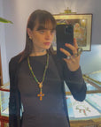 Orange and green glass long cross necklace