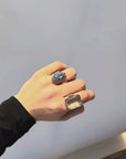 Blue glass, marcassite and silver marquise ring