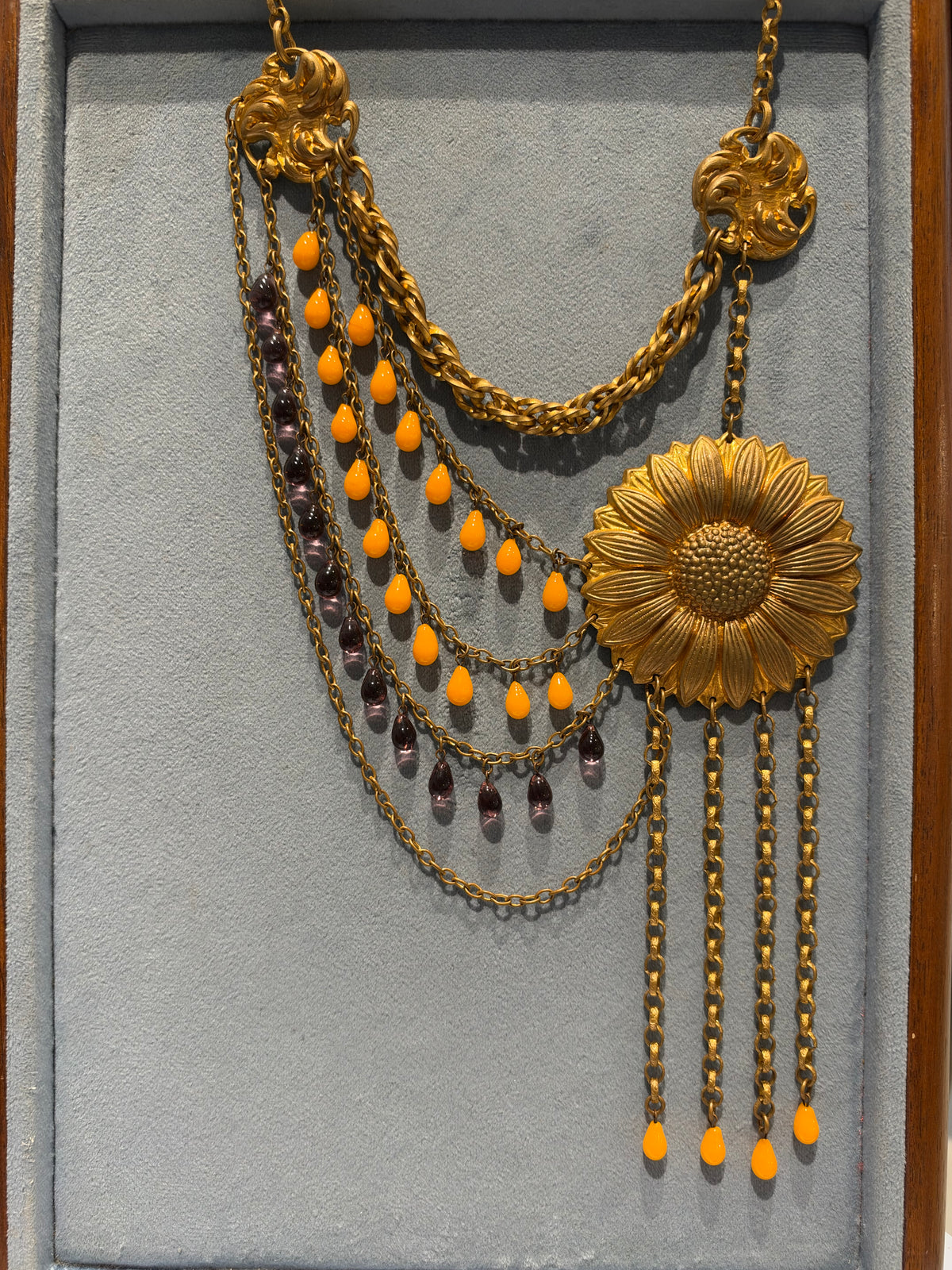 Purple, orange and golden sunflower asymmetrical necklace