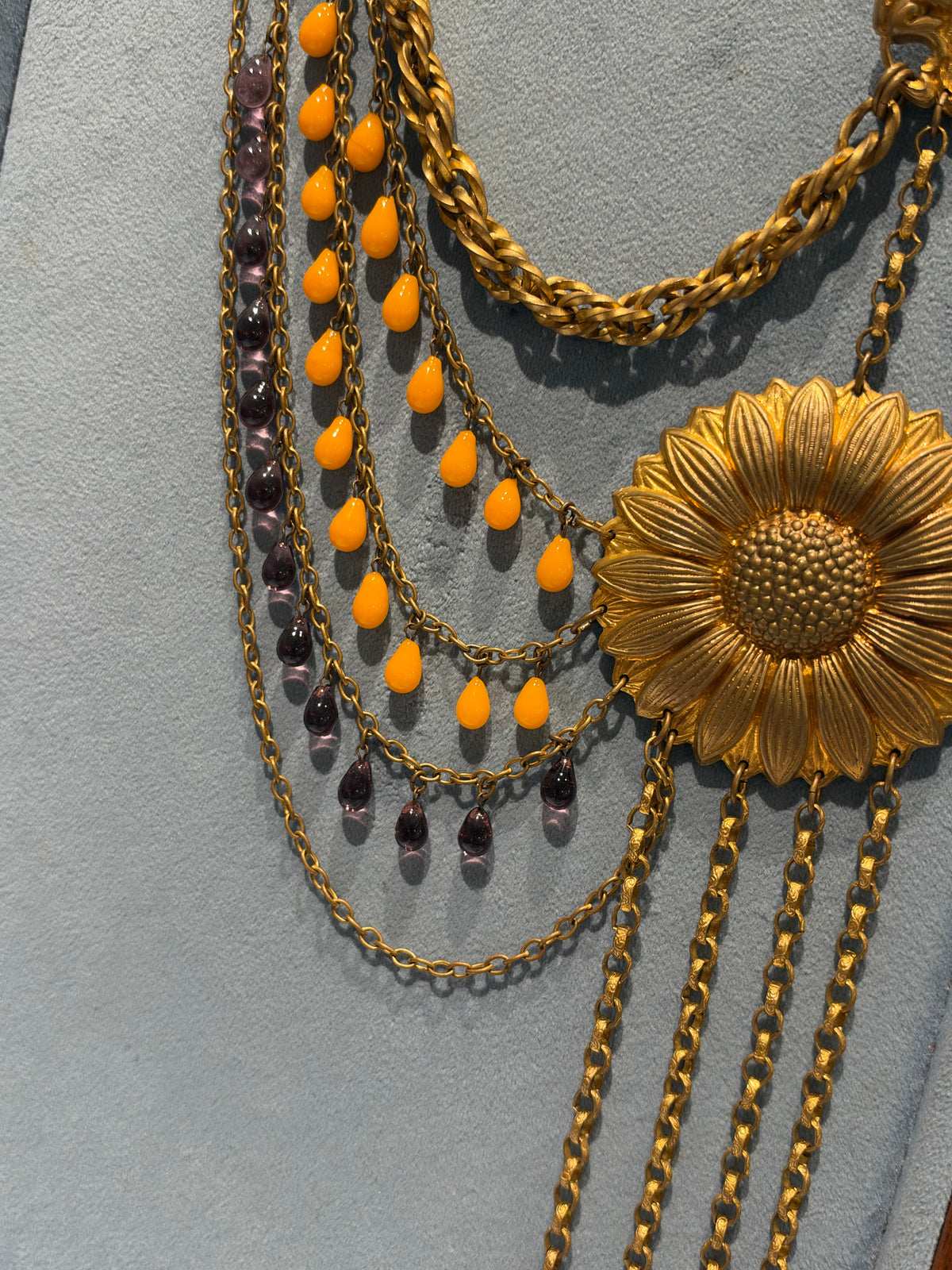 Purple, orange and golden sunflower asymmetrical necklace