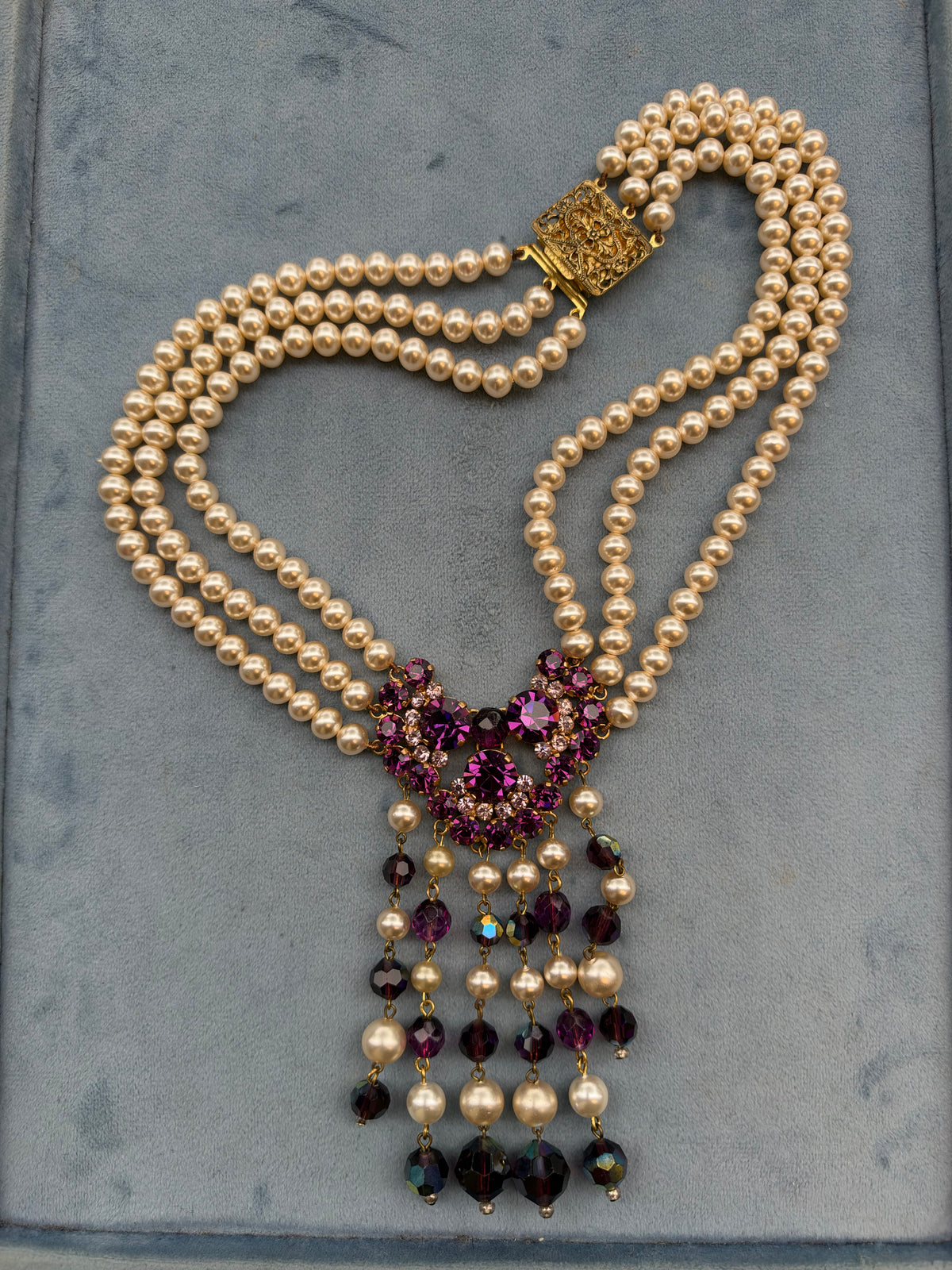 Purple Pearl and Rhinestone Statement Necklace, 1990s