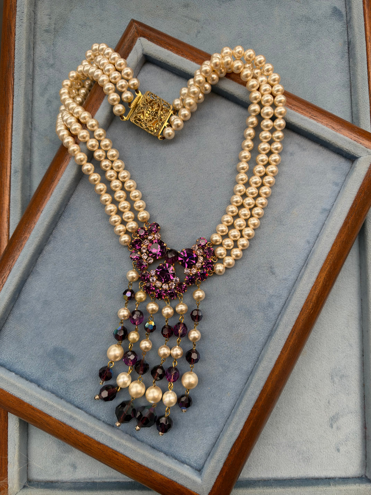 Purple Pearl and Rhinestone Statement Necklace, 1990s