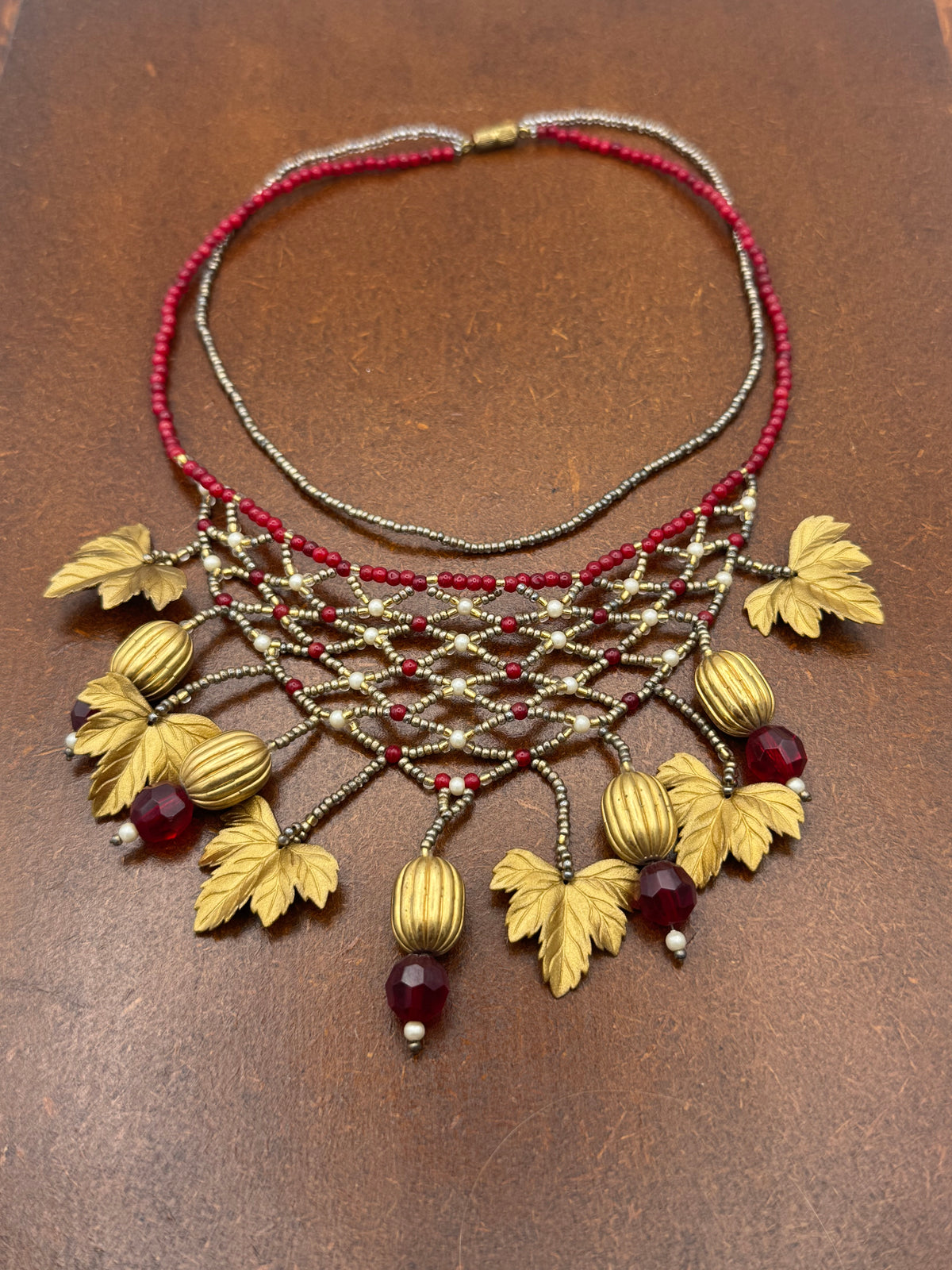 Renaissance-Style Leaf Necklace, Pearls and Golden Metal, 1980s