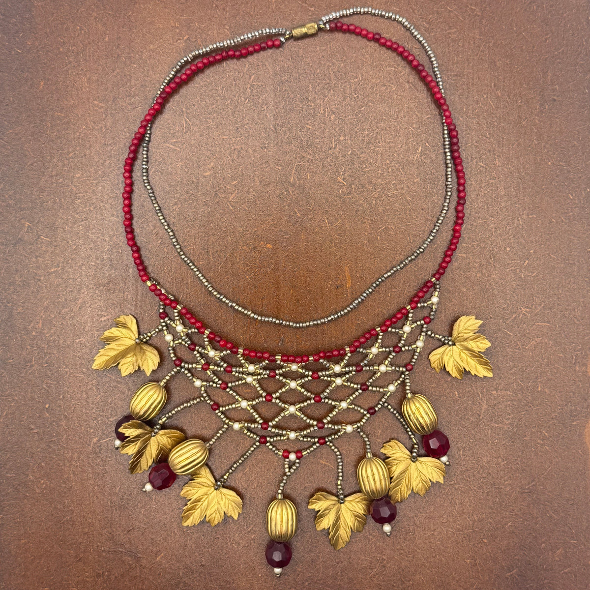 Renaissance-Style Leaf Necklace, Pearls and Golden Metal, 1980s
