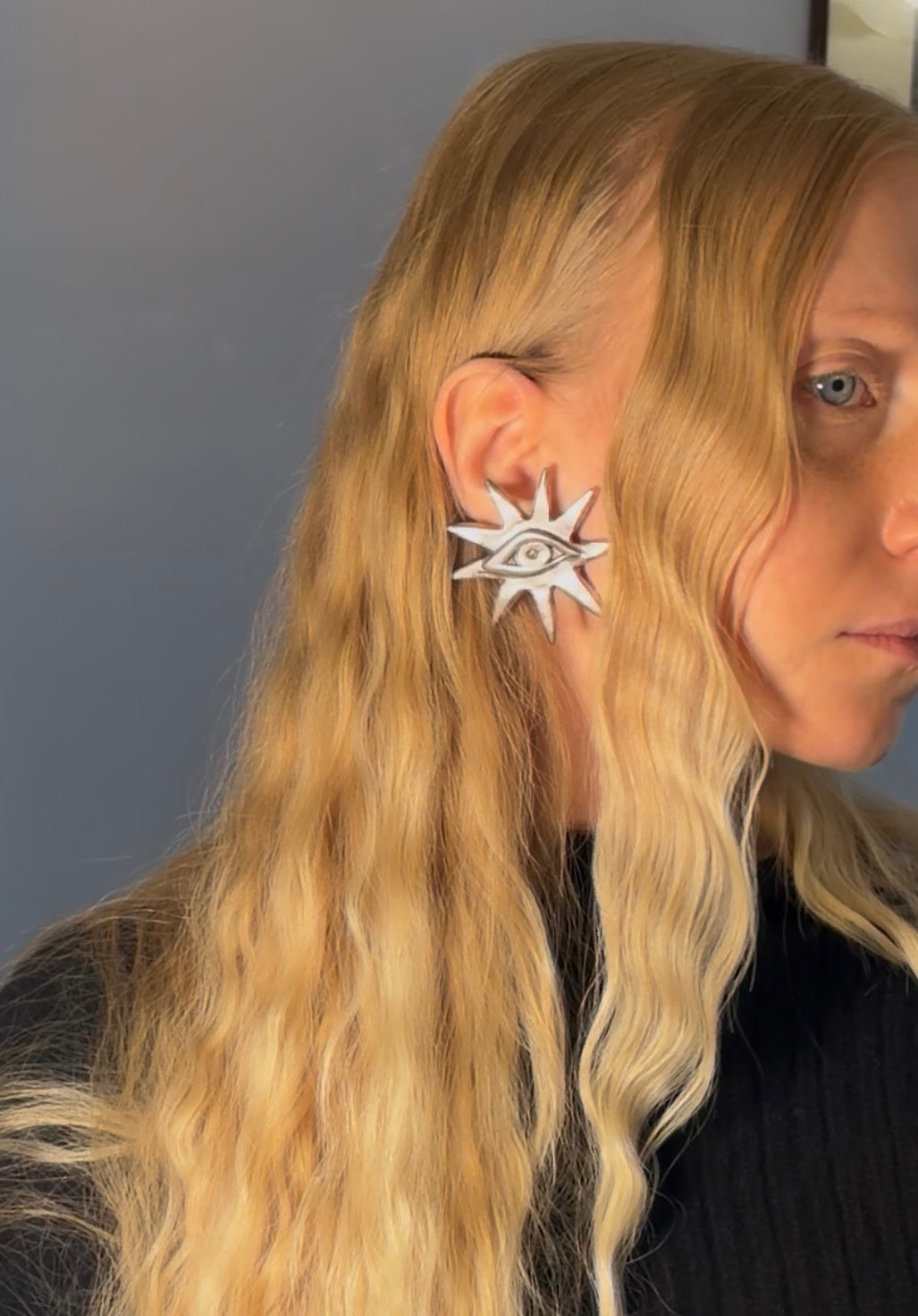 Scooter Sun and Eye Clip-On Earrings in Silvery galvanized resin