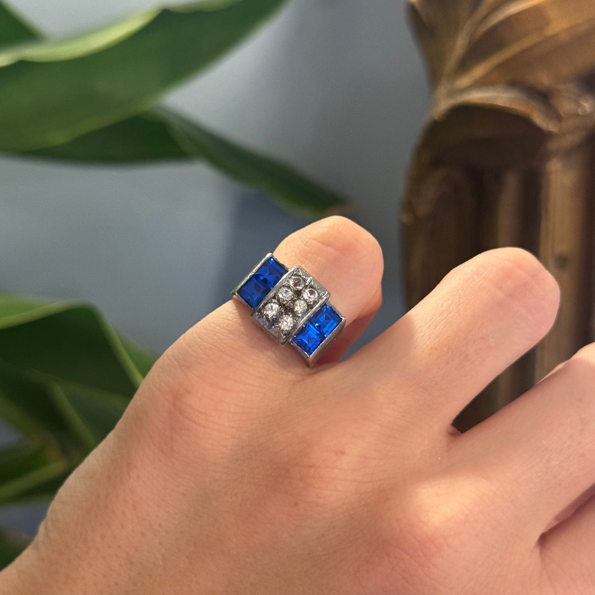 Silver Tank Ring with Blue Quartz and Spinel